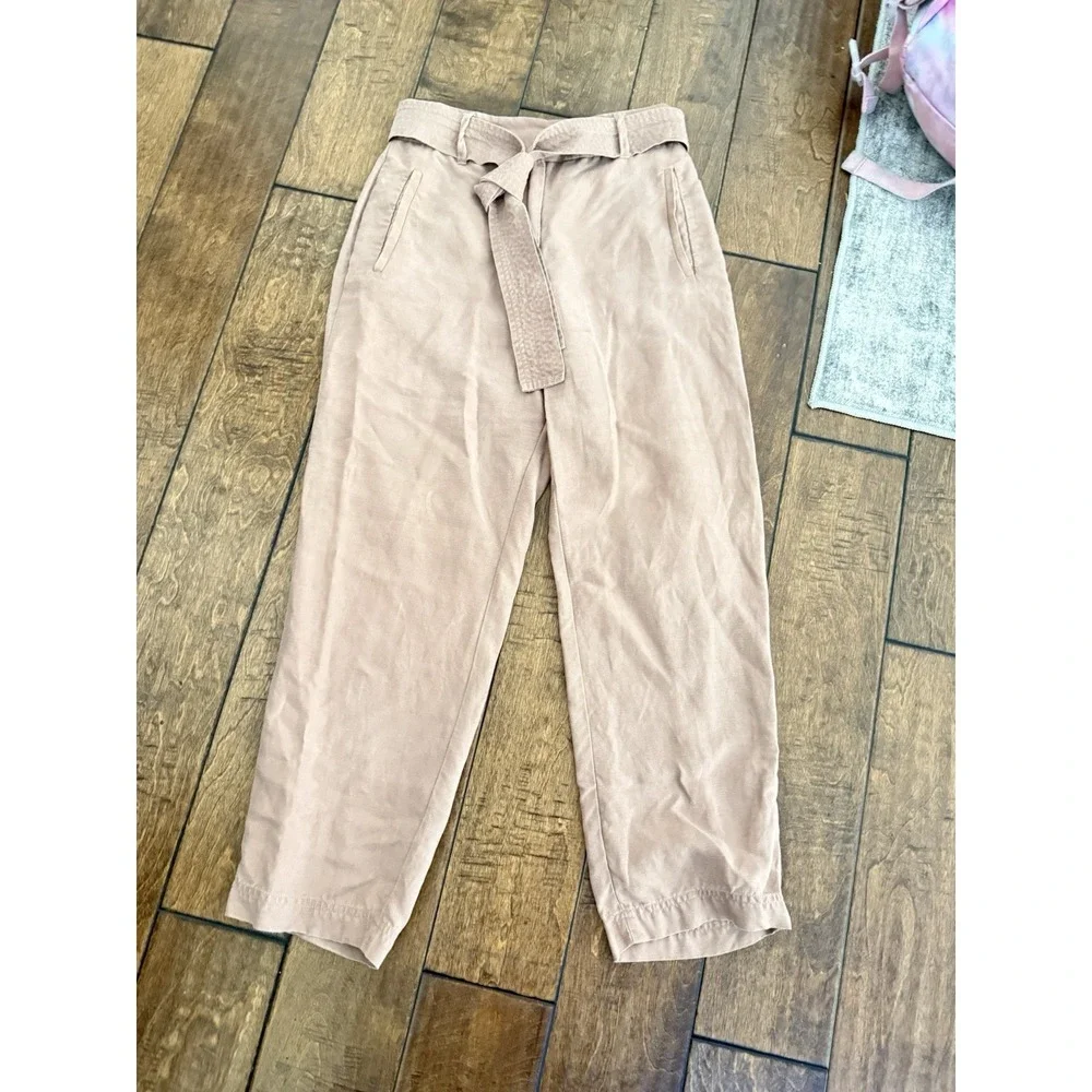 Aritzia Wilfred Linen Trousers Womens 2 Pink High‎ Waist Belted Tapered Pants